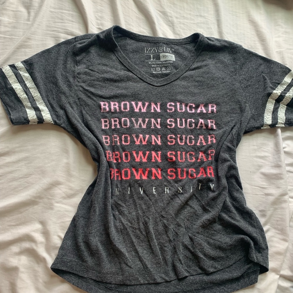 Gray V-Neck T-Shirt with Pink and White Stripes